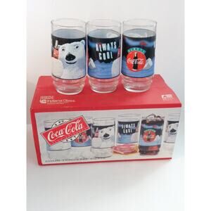 Vintage Coca Cola Polar Bears Indiana Glass Set of 8 Tumblers 16oz (hs)